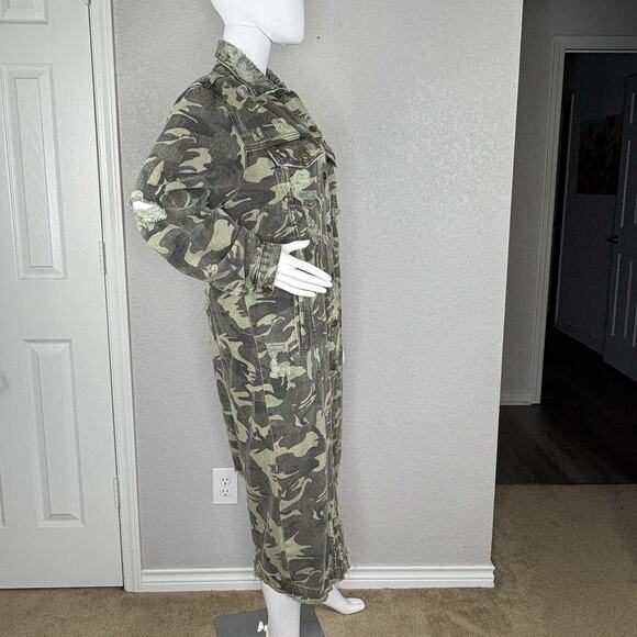 Kosmios Size M Long Jacket Camo Denim Jean Cotton Midi Ripped Distressed - Picture 4 of 6